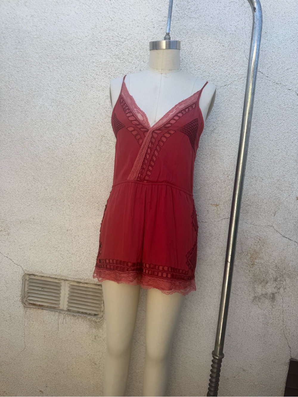 Tularosa Red Lace-Trim Romper Chemise
